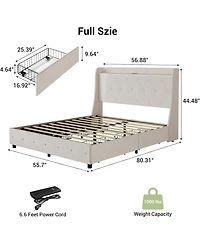 gaomon Upholstered Bed Frame with 4 Storage Drawers, Headboard and Storage, Platform Bed Frame with Charging Station & Wingback, No Box Spring Needed