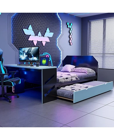 Streamdale Furniture Full Wood Daybed with Twin Trundle, Desk and Usb, Cloud Blue