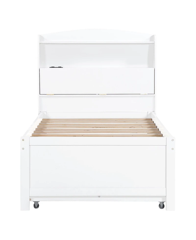 Streamdale Twin Wooden Led Platform Bed with Trundle, Storage Headboard & Drawers, White