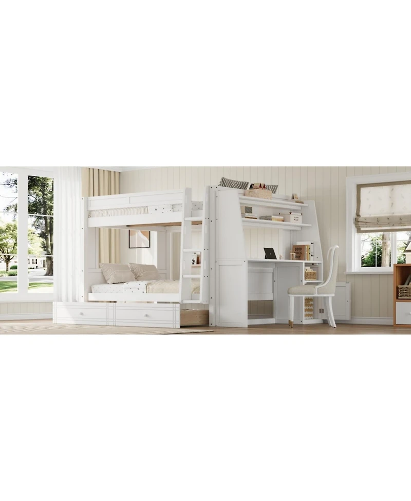 Streamdale Furniture Full Multifunctional Bunk Bed with Desk and Bookshelves, Drawers, Gray