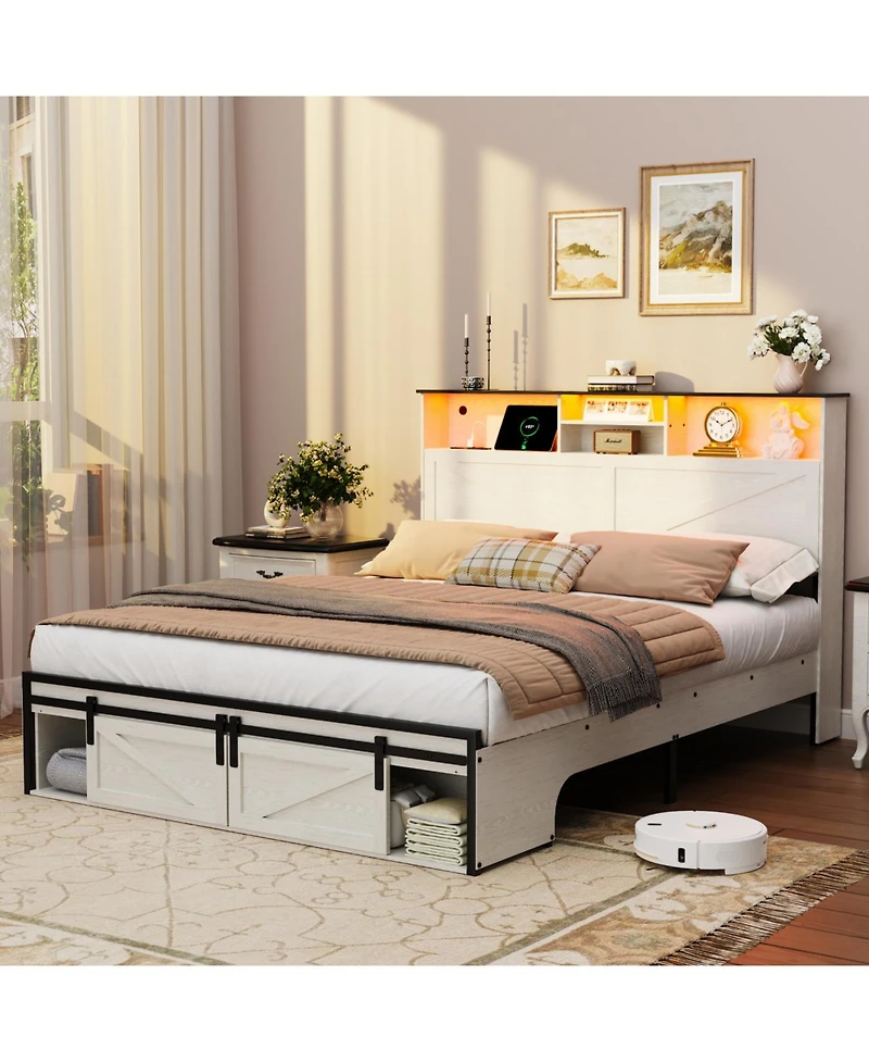 Streamdale Furniture Farmhouse Queen Storage Bed Frame with Charging Station & Led Lights, White
