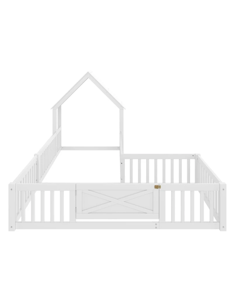 Streamdale Furniture Twin Size House Floor Bed with Door and Guardrails, White