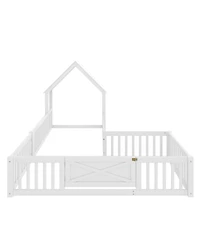 Streamdale Furniture Twin Size House Floor Bed with Door and Guardrails, White