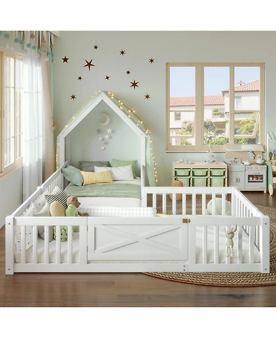 Streamdale Furniture Twin Size House Floor Bed with Door and Guardrails, White