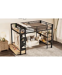 Streamdale Metal Loft Bed with Wardrobe and Shelves, Black