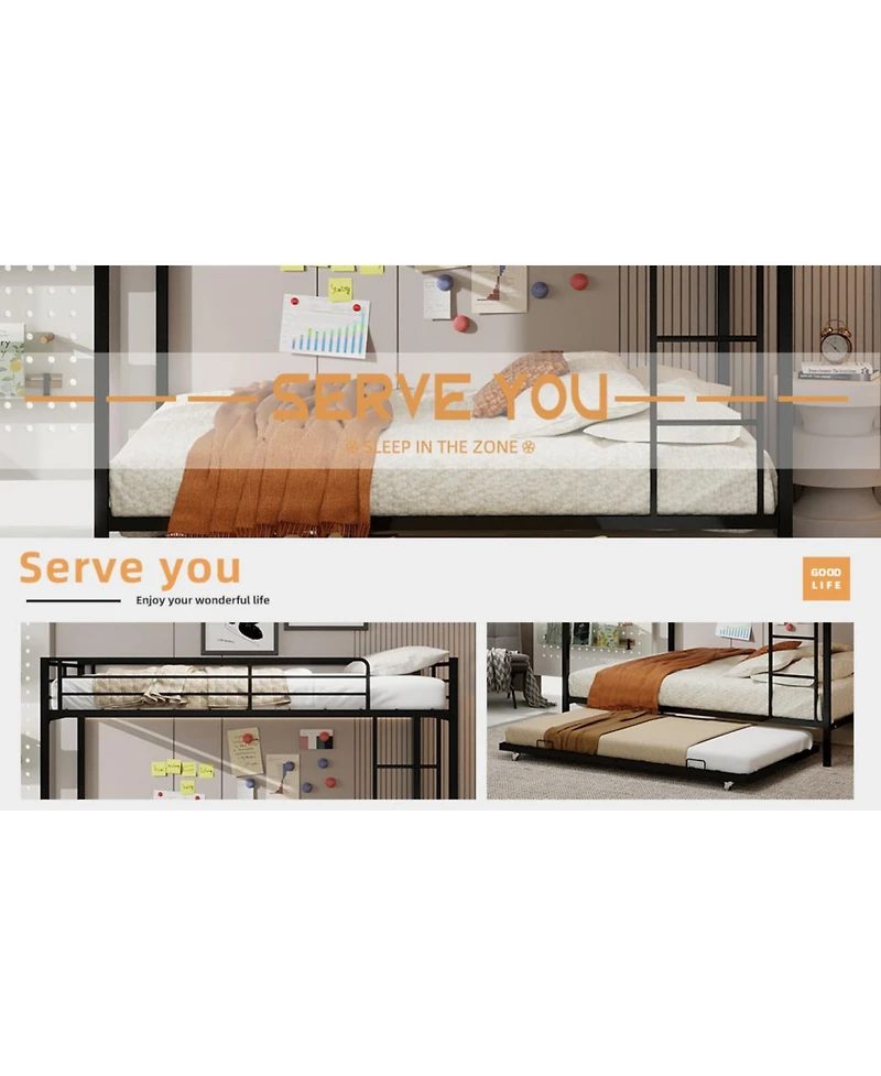 Streamdale Furniture Durable Square Tube Iron Bunk Bed with Safety Rails - Queen Size