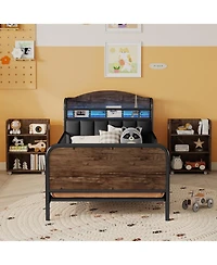 Streamdale Furniture Streamdale Twin Metal Platform Bed with Light, Upholstered Headboard & Storage Shelves, Black