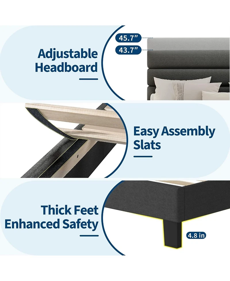 gaomon Platform Bed Frame with Adjustable Linen Upholstered Headboard, Wooden Slat Support, Heavy-Duty Mattress Foundation, No Box Spring Needed