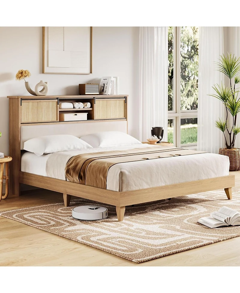 Gaomon Boho Rattan King Bed Frame with Headboard, Solid Wood Platform, Storage Shelves & Sliding Door, No Box Spring