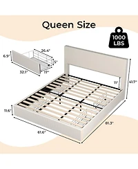 Queen Corduroy Platform Bed with Tufted Wingback Headboard, 4 Storage Drawers, Solid Wood Slat Base, No Box Spring Needed, Black