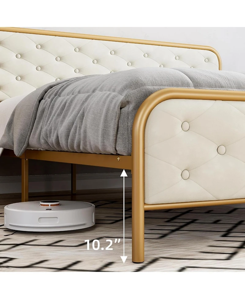 gaomon Velvet Upholstered Platform Bed Frame with Curved Button-Tufted Headboard, Golden Base and Sturdy Wood Slat Support