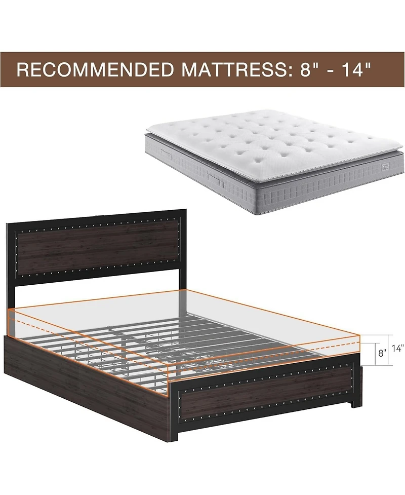 gaomon Bed Frame with Four Storage Drawers and Charging Station, Riveted Headboard Platform Bed with Metal Slat Frame, No Box Spring Required