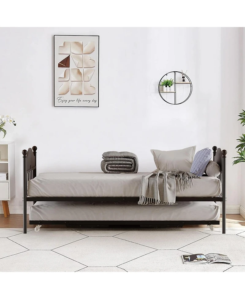 Metal Twin Bed Frame with Pop-Up Foldable Trundle, Sofa Stylish Headboard