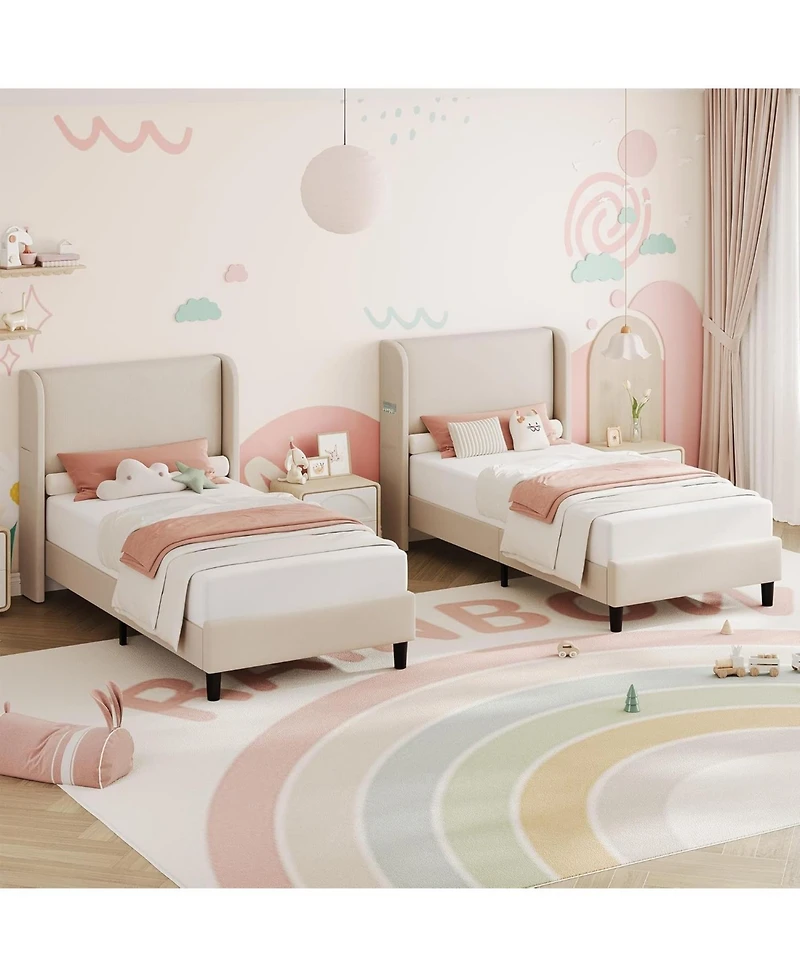 gaomon Bed Frame with Wingback Headboard – Elegant Vertical Stripe Velvet Upholstered 2 Storage Pockets