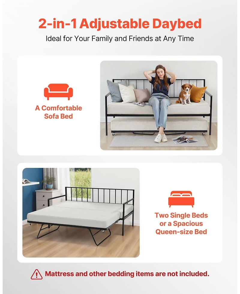 Slickblue Metal Pull-Out Trundle, Led Lights, Charging Station, Adjustable Backrest Daybed Frame