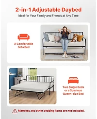 Slickblue Metal Pull-Out Trundle, Led Lights, Charging Station, Adjustable Backrest Daybed Frame