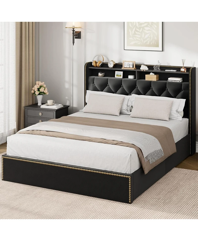 gaomon Queen Size Velvet Bed Frame with 4 Storage Drawers, Tufted Headboard, Nailhead Trim, No Box Spring Needed, Black