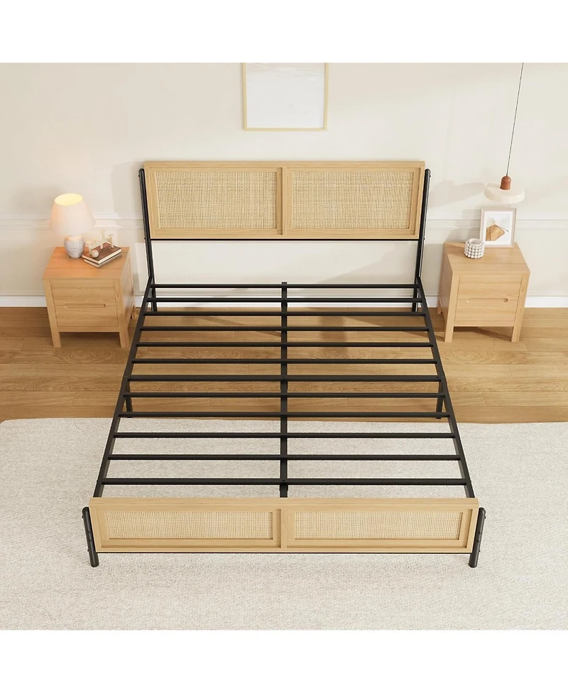 gaomon Full Size Metal Natural Rattan Headboard & Footboard Boho Design 14" Height No Box Spring Platform Bed Frame