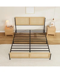gaomon Full Size Metal Natural Rattan Headboard & Footboard Boho Design 14" Height No Box Spring Platform Bed Frame