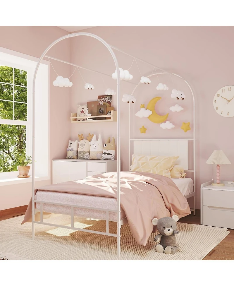Twin Size Canopy Bed Frame with Upholstered Headboard, Underbed Storage, Decorative Arched Metal, White