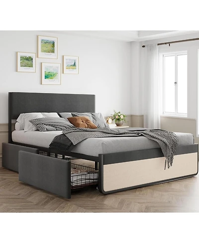 gaomon Full Upholstered Bed Frame with Headboard 2 Storage Drawers Metal Slats No Box Spring Noise Free