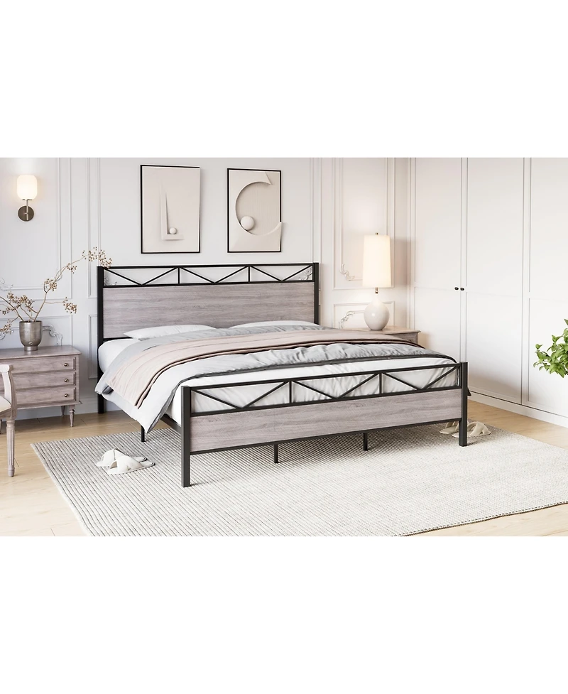 gaomon King Size Triangular Panel Platform Bed Light Gray Woodgrain Space-Saving No Box Spring