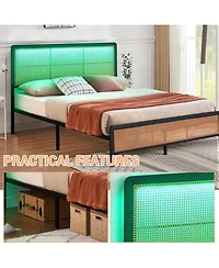 gaomon Full Size Rattan Bed Frame Rgb Led Lights Black Boho Metal Platform Headboard Footboard No Box Spring Noise-Free