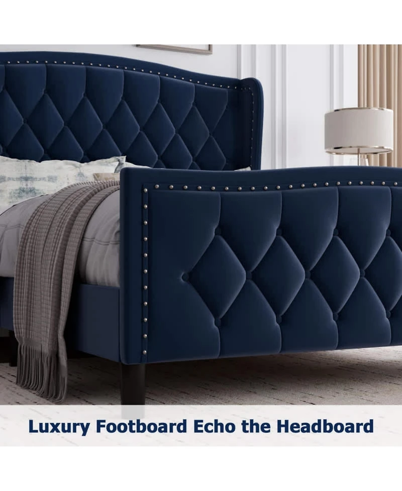 gaomon Full Bed Frame Blue Upholstered 4 Storage Drawers Wingback Headboard Charging Station Button Tufted