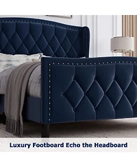 gaomon Full Bed Frame Blue Upholstered 4 Storage Drawers Wingback Headboard Charging Station Button Tufted