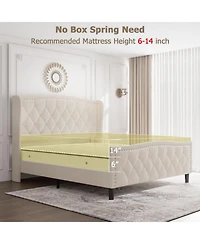 gaomon Full Bed Frame Beige Upholstered 4 Storage Drawers Wingback Headboard Charging Station Button Tufted