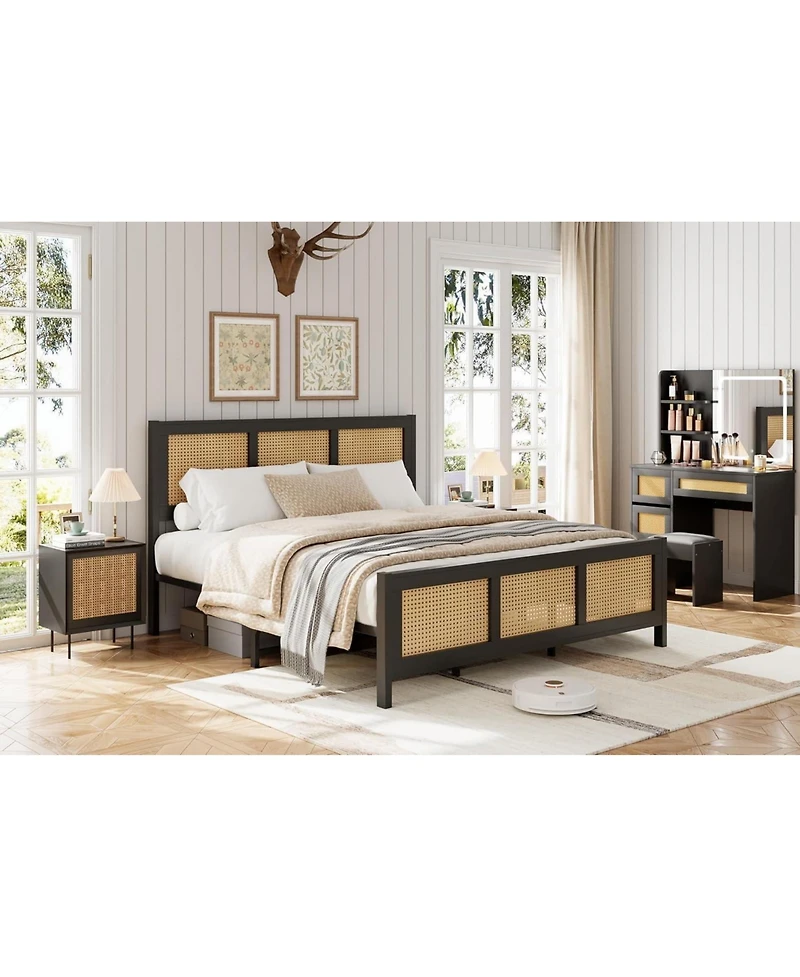 gaomon Queen Size Rattan Platform Bed Frame with Headboard, Boho Design, Strong Metal Slat Support, Noise-Free, No Box Spring Needed