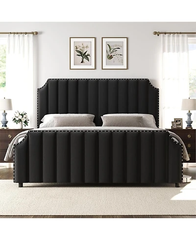 gaomon King Size Platform Bed Frame 50.2in Headboard Velvet Channel Tufted Footboard Nailhead Trim No Box Spring Black