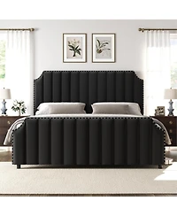 gaomon King Size Platform Bed Frame 50.2in Headboard Velvet Channel Tufted Footboard Nailhead Trim No Box Spring Black