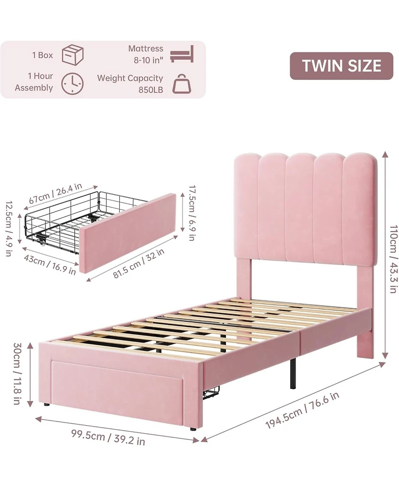 gaomon Twin Size Velvet Upholstered Bed Frame with Headboard and Storage Drawer Pink