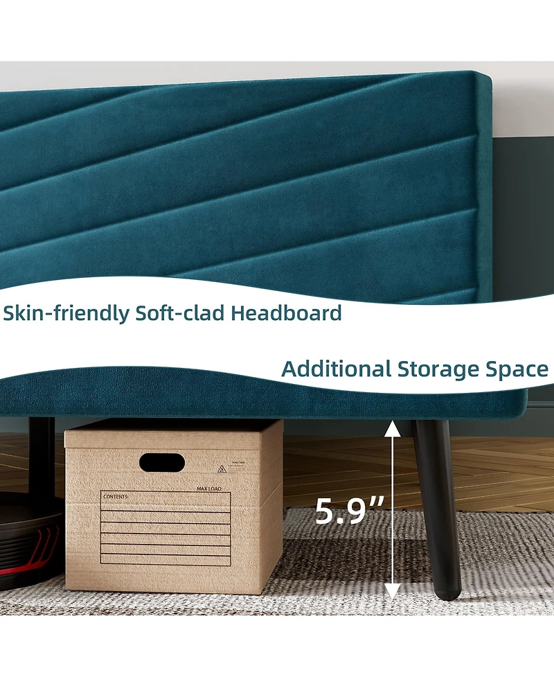 Easy Assembly King Size Bed Frame- Velvet Upholstered Platform Bed Space Saving, for Living Room, Guest Room