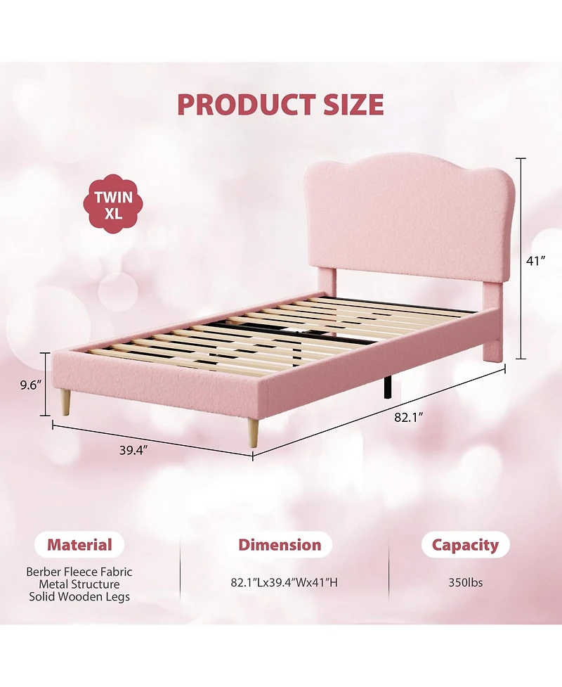Gaomon Twin Size Bed Frame for Kids with Scallop Headboard, Cute Velvet Twin Bed for Girls, Boys