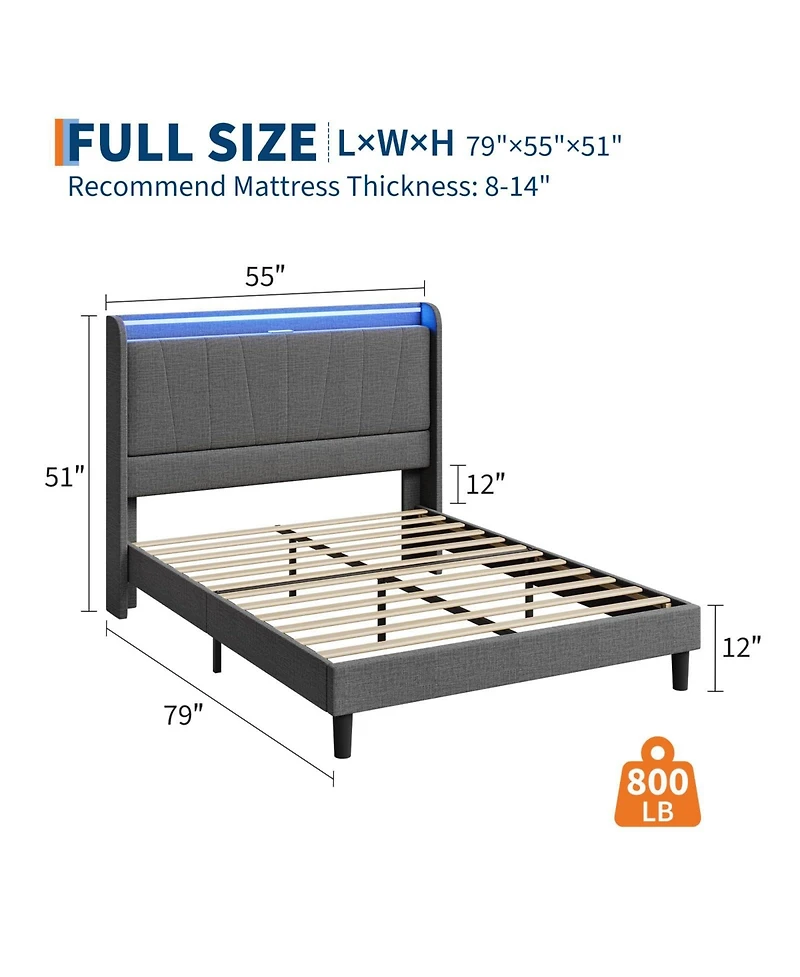 gaomon Full Size Bed Frame with Charging Station and Led Lights, Modern Platform Bed with Slats