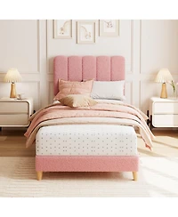 gaomon Twin- Bed Frame, Boucle Upholstered Platform Bed with Wave Headboard for Girls/Kids, Easy Assembly