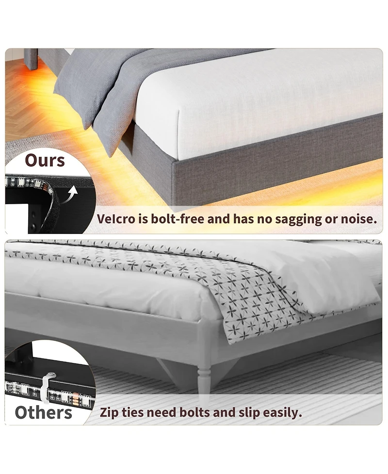 gaomon Queen Size Floating Upholstered Platform Bed Frame with Rgb Led Lights and Built-In Charging Station