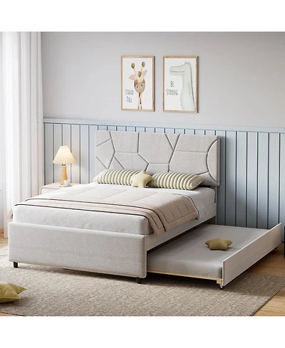 gaomon Trundle Bed, Queen Size Upholstered Platform Bed Frame, Pull Out Bed with Headboard, Wood Slat Support