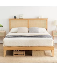 Gaomon King Size Rattan Bed Frame,Bohemian Rattan King Bed Frame with Natural Headboard, Led Lights, Foundation with Silent Slats