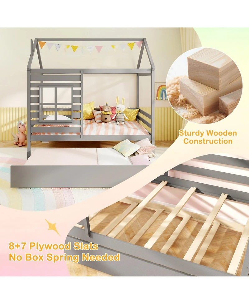 Gymax Twin House Bed with Trundle Wooden Platform w/ Roof Chimney & Window