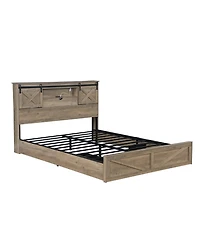 Clihome Farmhouse Bed Frame Queen Size with Led Lights and Charging Station, Wooden Queen Bed with 2 Storage Drawers