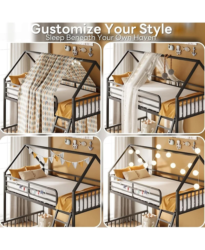 Likimio Bunk Bed Twin Over Full Size with Ladder and Guardrail, House Shaped with Metal Slats Support No Box Spring Needed, Black