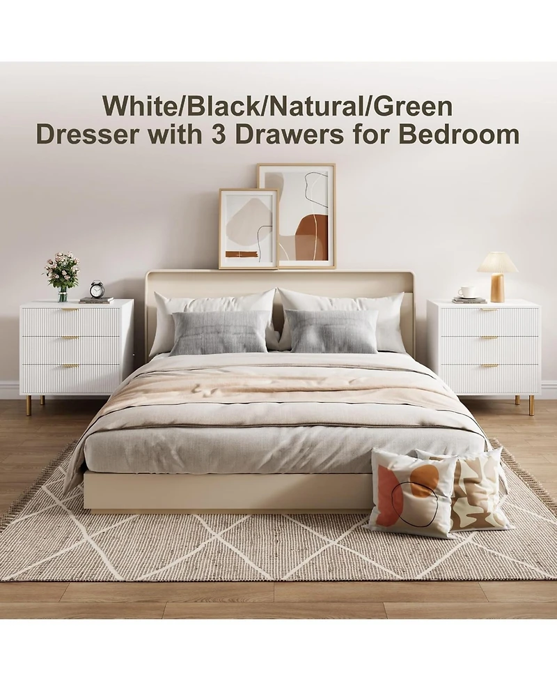 gaomon 3-Drawer Modern White Dresser, 30" Tall, Fluted Chest with Gold Handles, Anti-Tip Device, Bedroom, Living Room, Kids Room