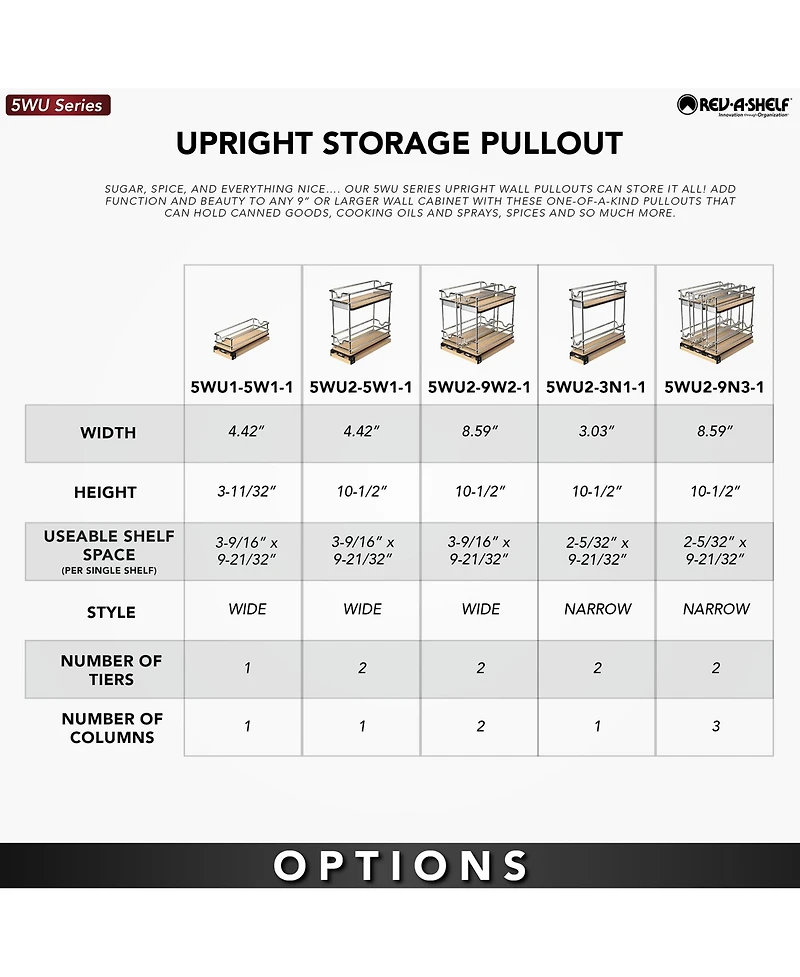 Rev-a-Shelf 9" Pullout Organizer for Cabinets, 2 Tier Upright Shelf, 5WU2-3N1-1