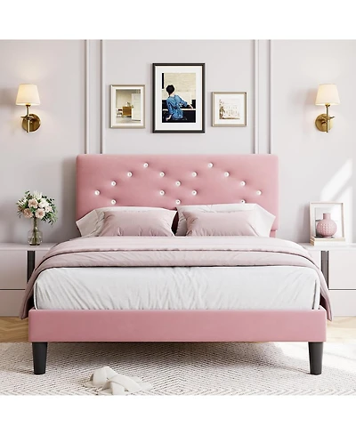 gaomon Velvet Upholstered Bed Frame with Tufted Headboard
