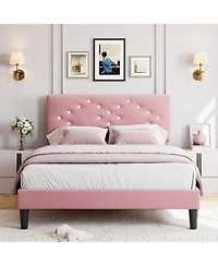 gaomon Velvet Upholstered Bed Frame with Tufted Headboard