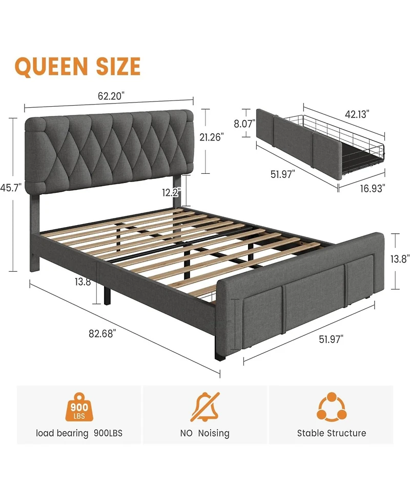 Gaomon Upholstered Platform Bed Frame with 2 Storage Drawers, Solid Wood Slats, No Box Spring Needed