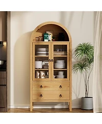 Gaomon 71" Arched Farmhouse Pantry Cabinet with Glass Doors, 2 Drawers & Adjustable Shelves, Display Hutch for Kitchen Dining Living Room